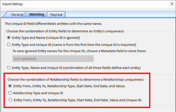 Import optoins to Define Unique vs. Duplicate Entities and Relationships