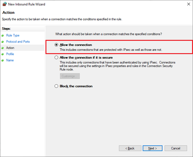New Inbound Rule Wizard Allow Connection